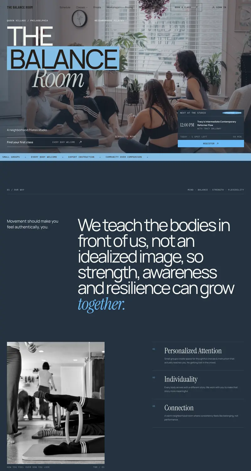 The Balance Room homepage: a Pilates class in a sunlit studio under the words The Balance Room, with the next class and a register button.
