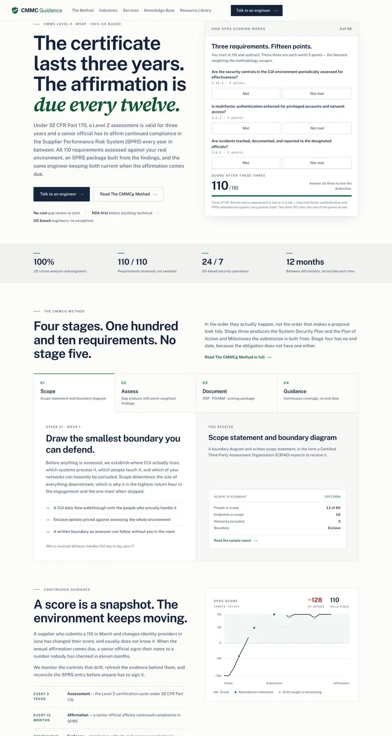 CMMC Guidance homepage: a serif headline about three-year certificates beside an interactive SPRS scoring card.