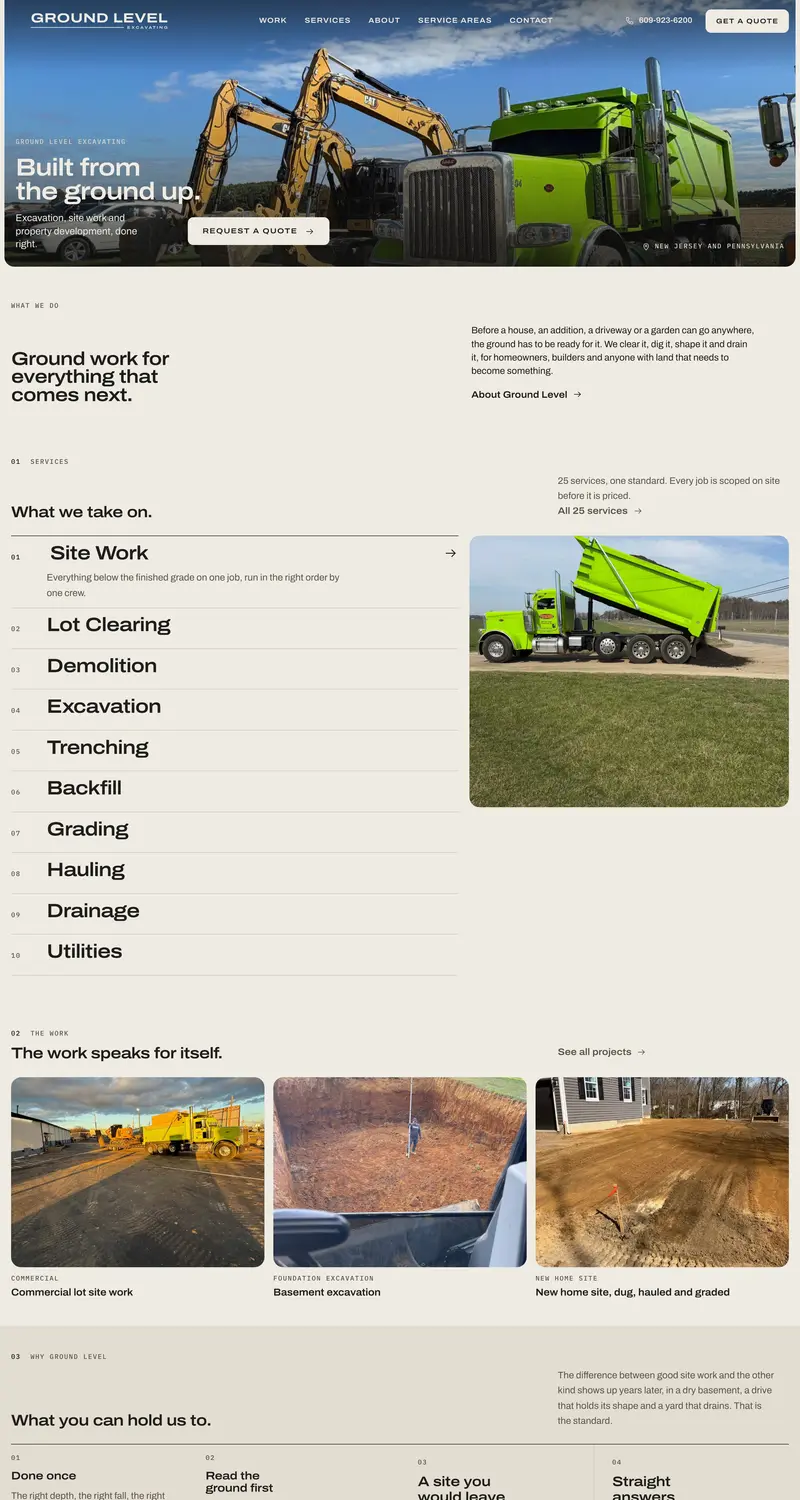Ground Level Excavating homepage: excavators and a neon green dump truck under the headline Built from the ground up.