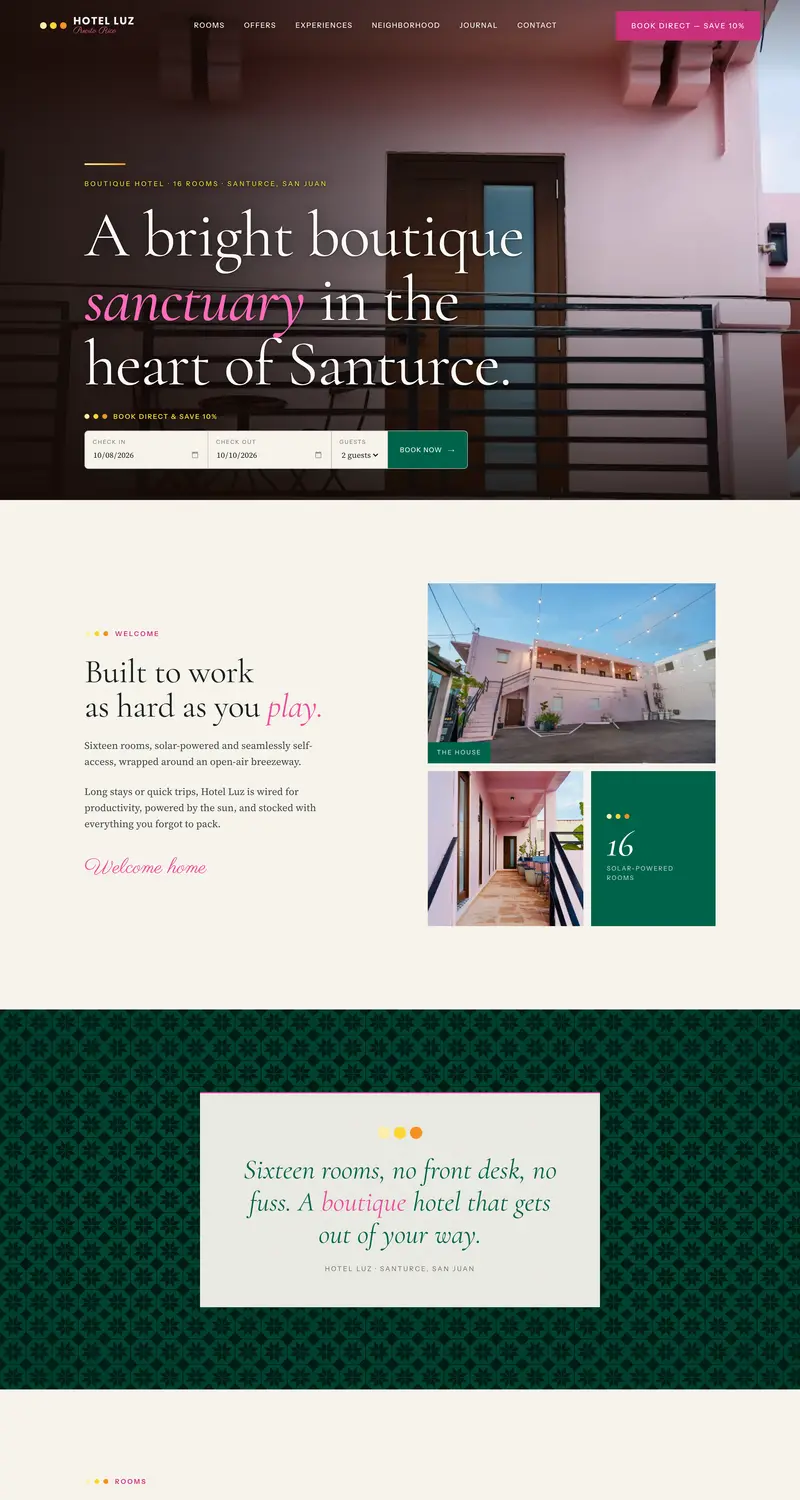 Hotel Luz homepage: a pink building facade behind the line A bright boutique sanctuary in the heart of Santurce, with a direct booking bar.