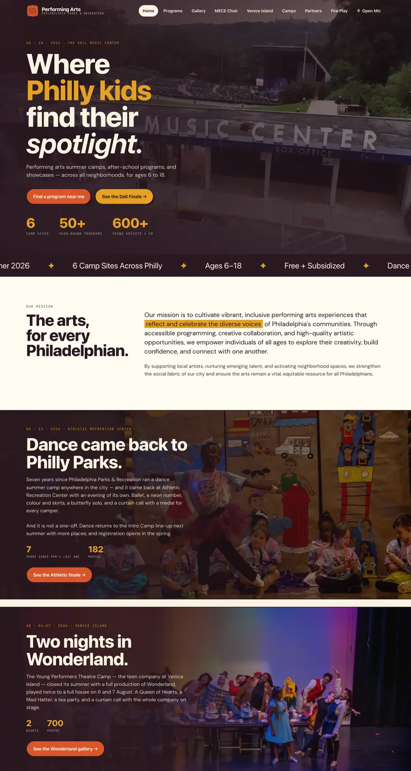 Philly Performs homepage: the headline Where Philly kids find their spotlight over a photo of the Dell Music Center.