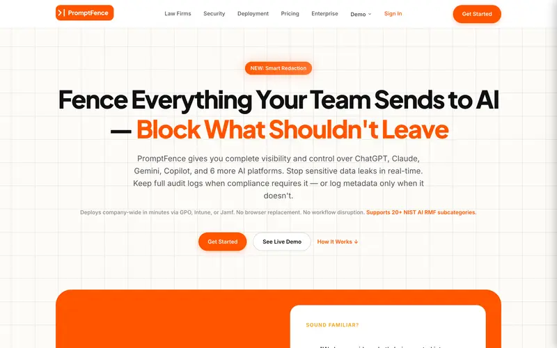 PromptFence homepage: Fence everything your team sends to AI, block what shouldn't leave.