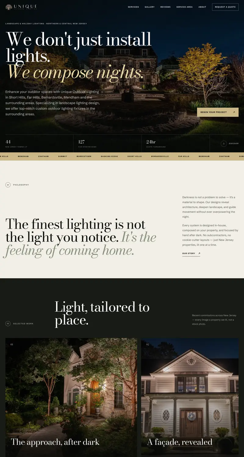 Unique Outdoor Lighting homepage: a lit house and garden at night under the line We don't just install lights. We compose nights.